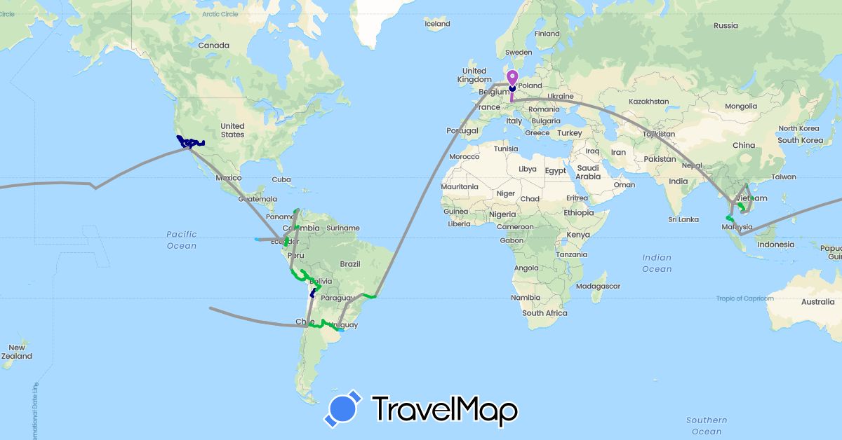 TravelMap itinerary: driving, bus, plane, train, hiking, boat in Argentina, Bolivia, Brazil, Chile, Colombia, Germany, Ecuador, Cambodia, Mexico, Netherlands, Peru, Singapore, Thailand, United States, Uruguay, Vietnam (Asia, Europe, North America, South America)