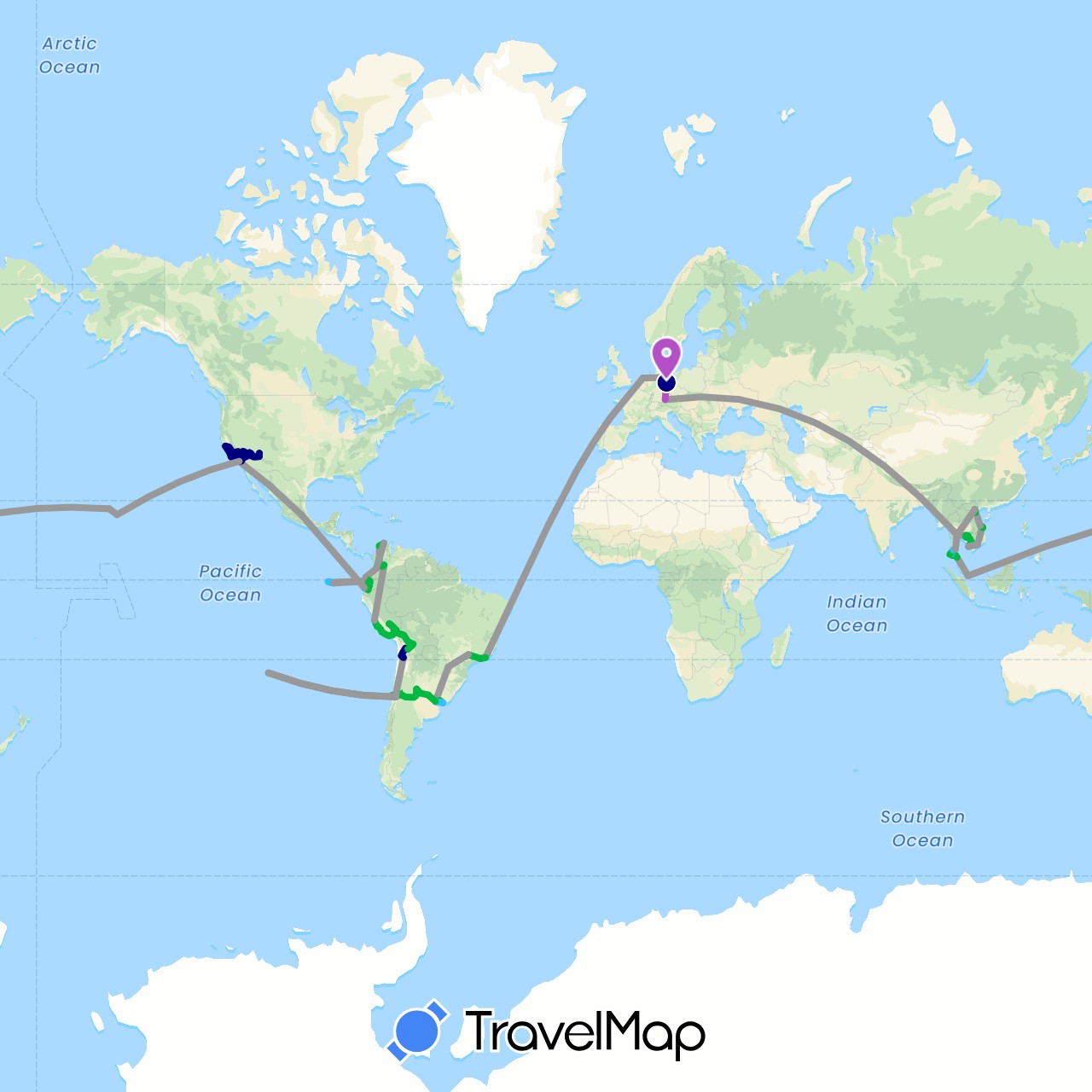 TravelMap itinerary: driving, bus, plane, train, hiking, boat in Argentina, Bolivia, Brazil, Chile, Colombia, Germany, Ecuador, Cambodia, Mexico, Netherlands, Peru, Singapore, Thailand, United States, Uruguay, Vietnam (Asia, Europe, North America, South America)