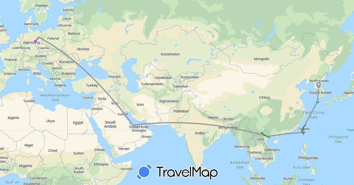 TravelMap itinerary: bus, plane, train, hiking, boat in Germany, Qatar, Taiwan, Vietnam (Asia, Europe)